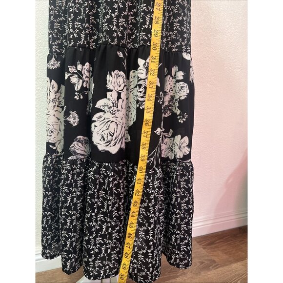 Lapis tiered Y2K maxi Dress S Black White Floral Cottagecore Boho Empire Waist - Picture 11 of 15